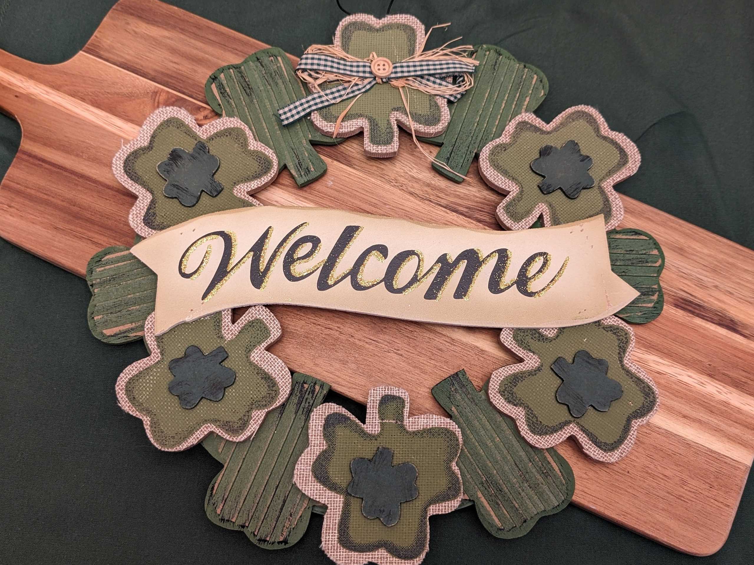 St. Patrick's Day wooden wreath on a cutting board