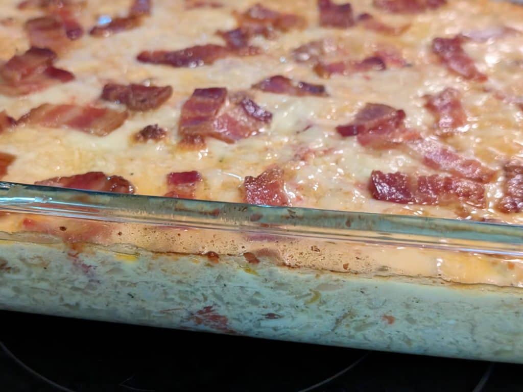 Creamy Keto Turkey, Bacon, and Tomato Casserole - Finished in the casserole dish side view