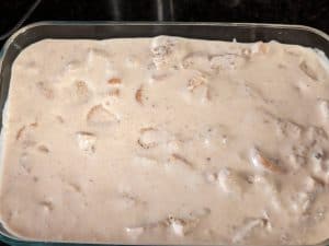 Mixture for Keto Bourbon Bread Pudding unbaked in casserole dish