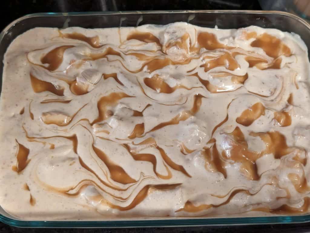 Mixture for Keto Bourbon Bread Pudding swirled with Bourbon Caramel Sauce