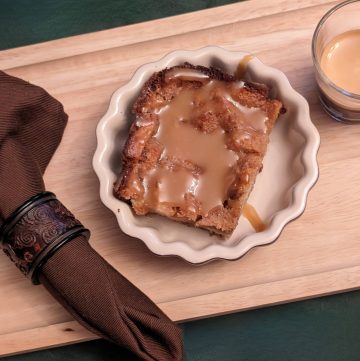 Pudding with Bourbon Caramel Sauce Plated with a shot of espresso