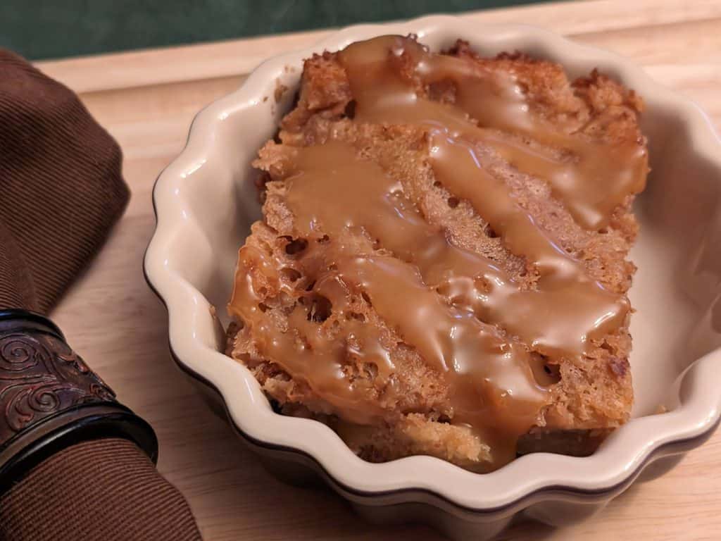 Keto Bourbon Bread Pudding with Bourbon Caramel Sauce Plated Close-up