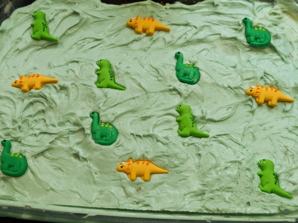 Keto Dinosaur Blondies baked in a pan