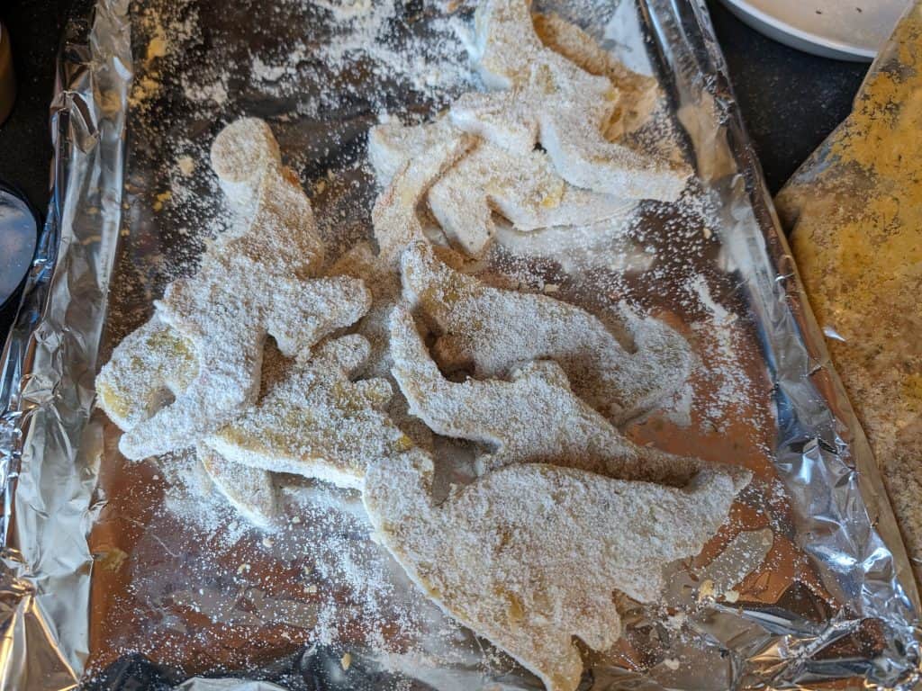 Dinosaur chicken patties dredged in coconut flour