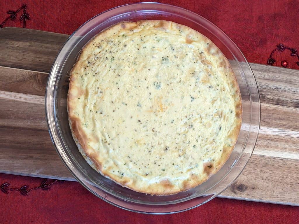 Crustless Broccoli and Blue Cheese Quiche - whole quiche in pie plate