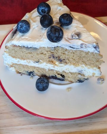 Slice of Keto Blueberry Spice Cake with Blueberry Mascarpone Frosting on a plate