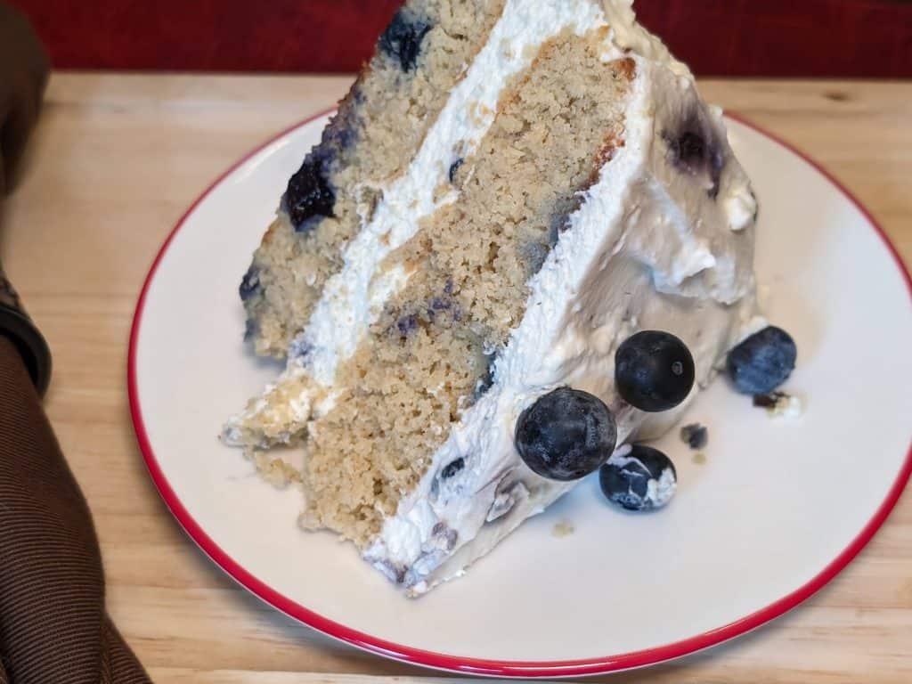 Keto Blueberry Spice Cake with Blueberry Mascarpone Frosting plated cross-section on its side