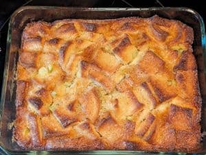 Keto Pineapple Bread Pudding - Baked and whole in casserole dish