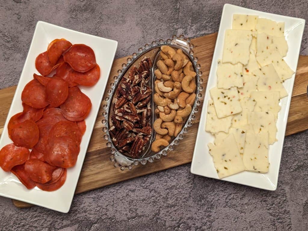 Appetizers of Pepperoni, Pecans, Cashews, and Pepper Jack Cheese