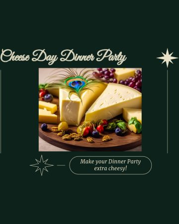 Cheese Day Dinner Party feature image showing a plate of cheese and a peacock feather shortened for display on homepage