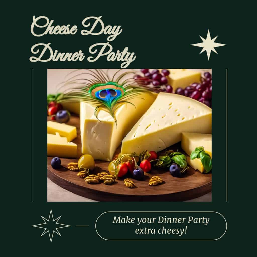 Cheese Day Dinner Party feature image showing a plate of cheese and a peacock feather