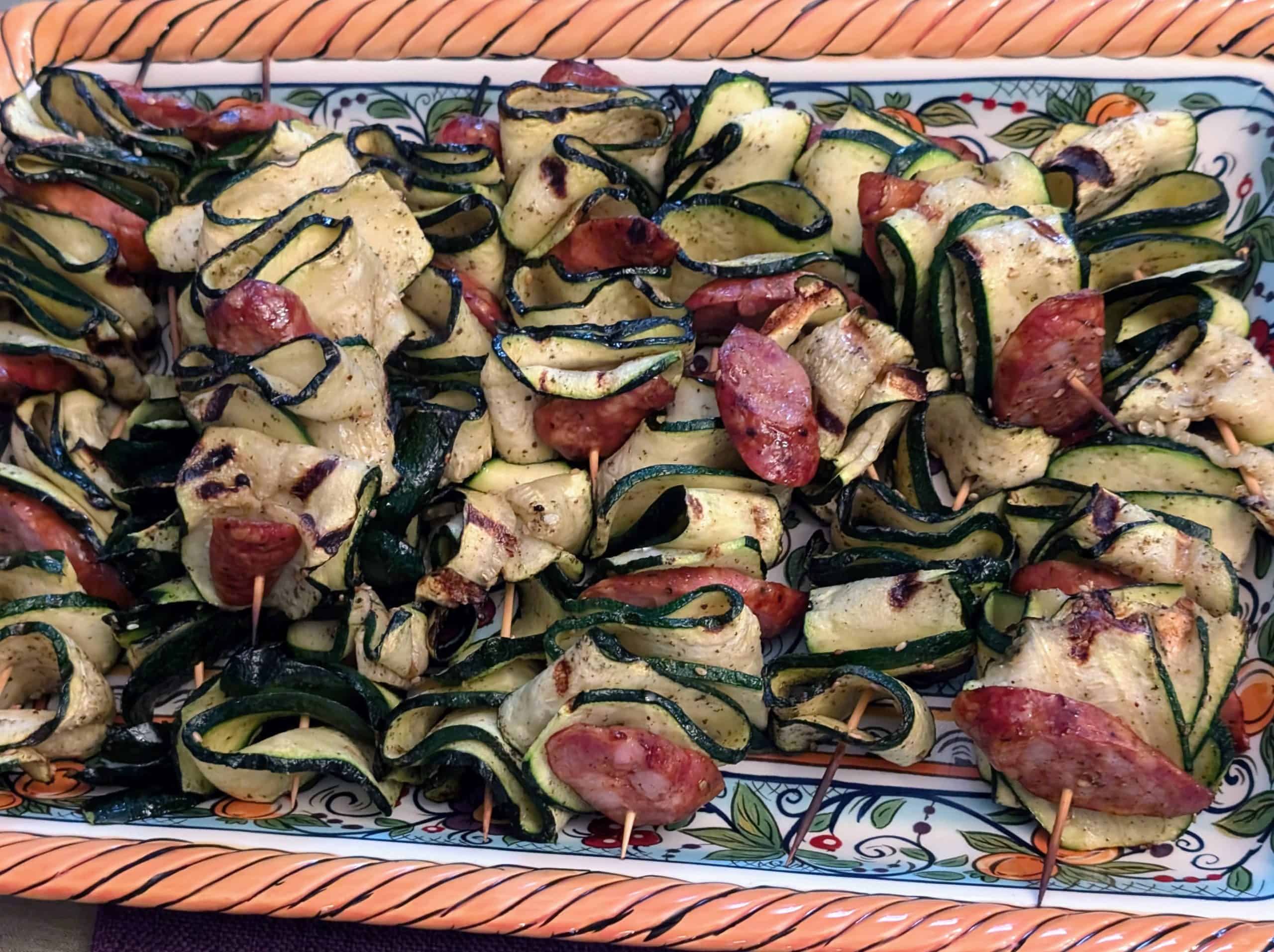 Grilled Zucchini and Andouille Skewers on a serving platter