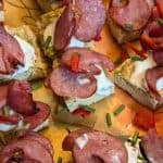 Close up of Mini Frittatas with Smoked Sausage and Creme Fraiche on a serving platter