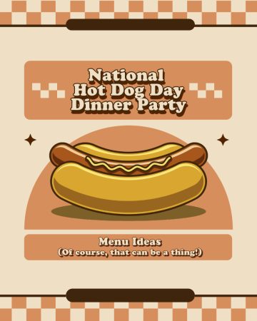 Feature image for National Hot Dog Day Dinner Party Menu Ideas with a cartoon picture of a hot dog