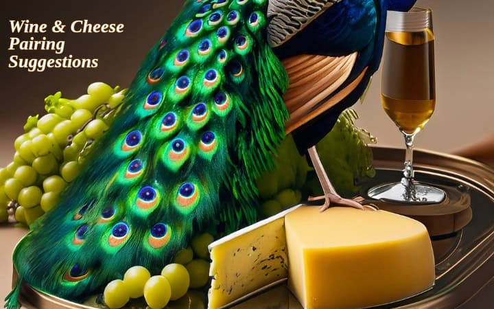 Peacock standing next to cheese wheel, grapes, and a champagne flute