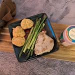 Cilantro Chutney Marinated Tuna Steak on a plate with Easy Roasted Asparagus and Savory Almond Flour Biscuits