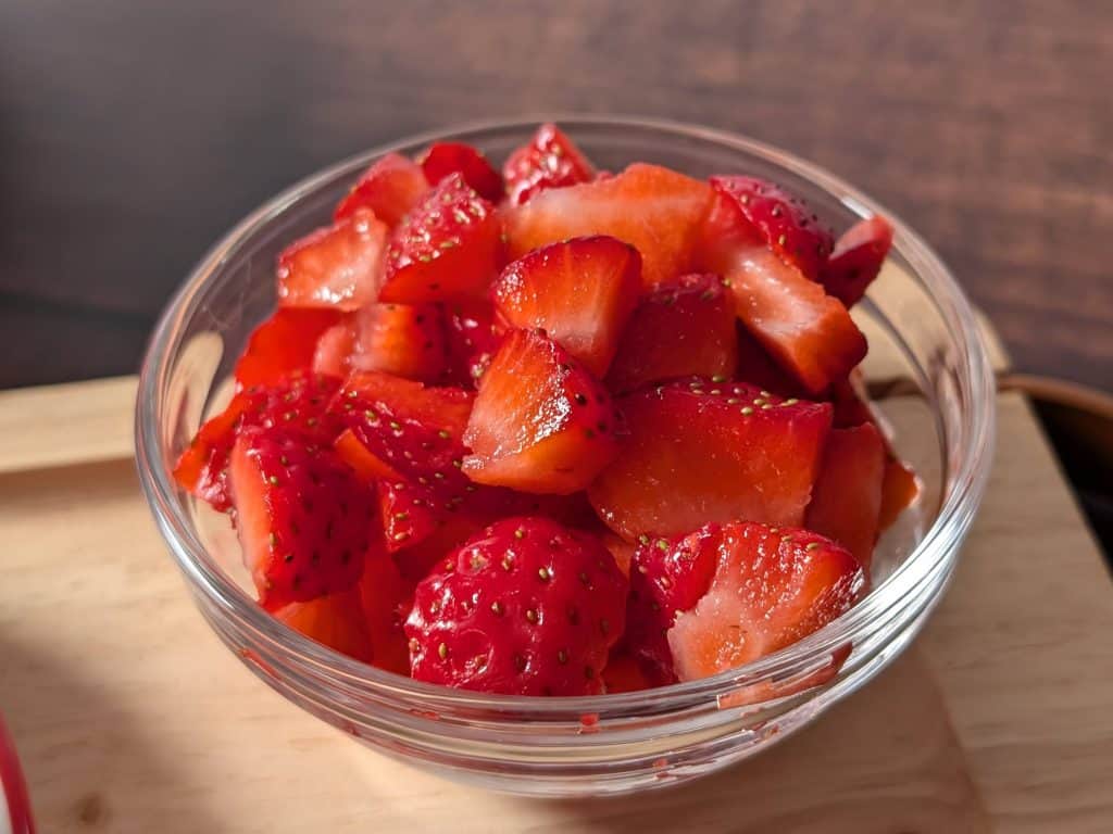 Diced strawberries in a prep bowl