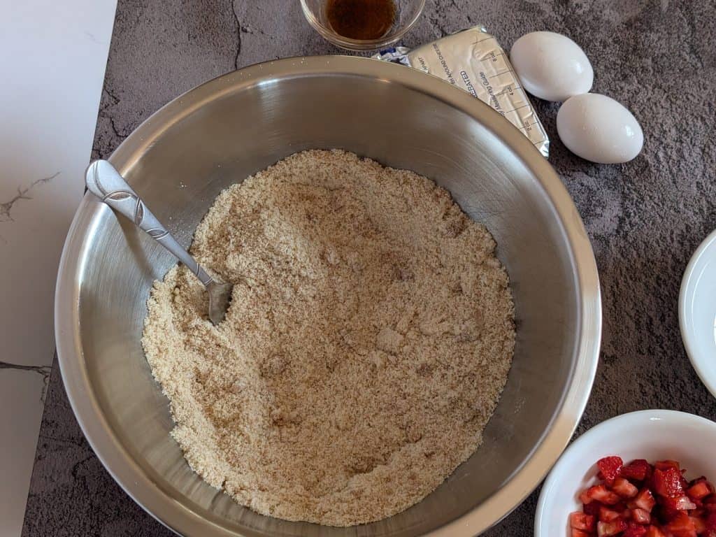 Dry ingredients for Strawberry Almond Flour Scones mixed together in a bowl