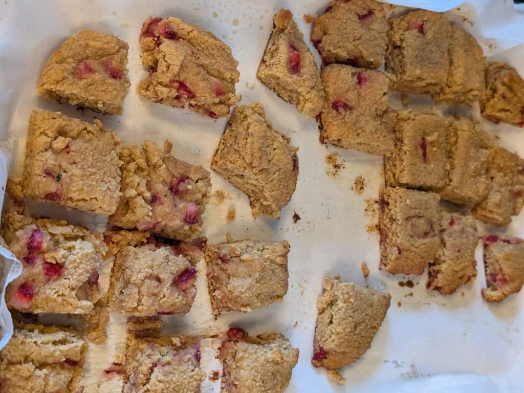 Separating mostly baked scones on a rimmed baking sheet