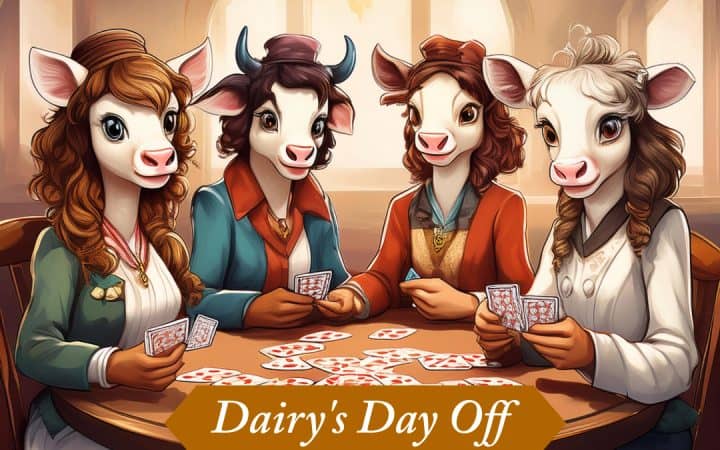 Dairy Free Dinner Party feature image of 4 cartoon cows sitting a table playing cards with the caption "Dairy's Day Off"