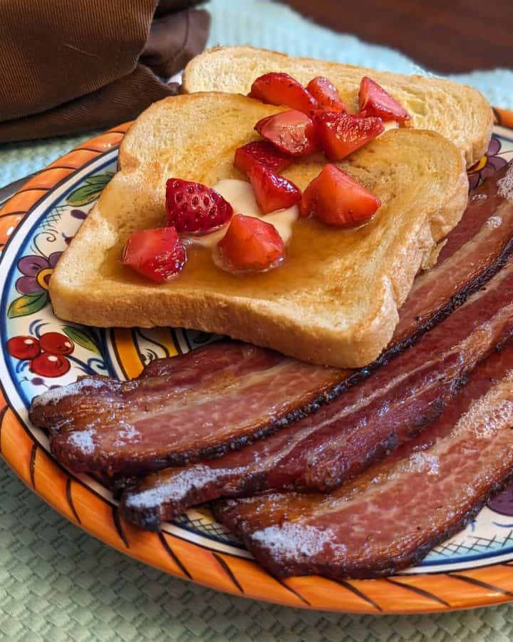 Keto French Toast plated with Strawberries