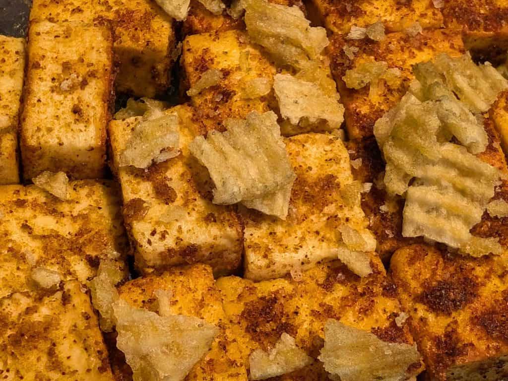 Spiced and Seared Paneer Cubes in a serving dish