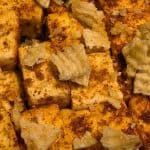 Spiced and Seared Paneer Cubes in a serving dish