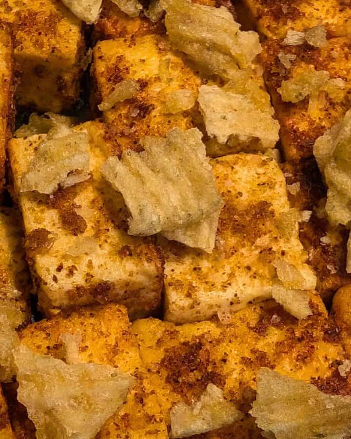 Spiced and Seared Paneer Cubes in a serving dish