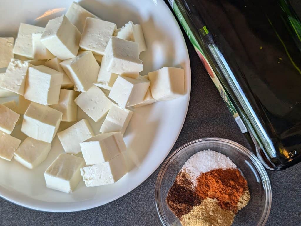 Ingredients for Spiced and Seared Paneer Cubes - spices, paneer, avocado oil