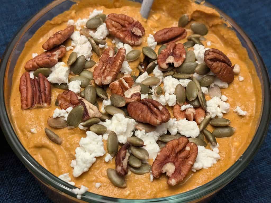 Spicy Pumpkin Pecan Dip in serving bowl close-up