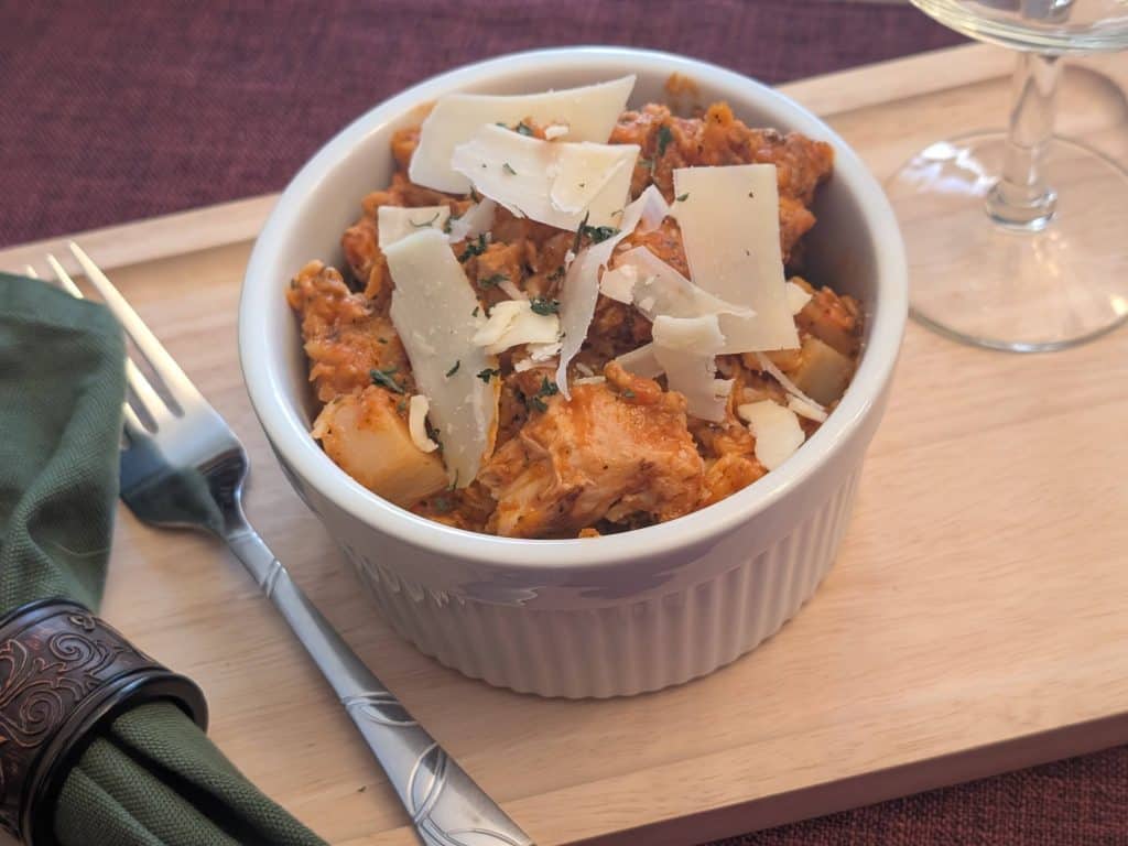 Chicken Parmesan Casserole plated close-up