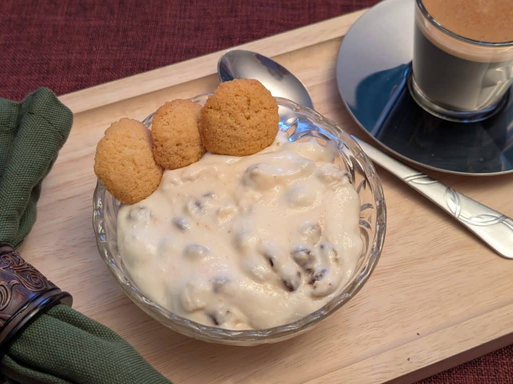 Keto Cannoli Dip plated with High Key Vanilla Wafers close-up