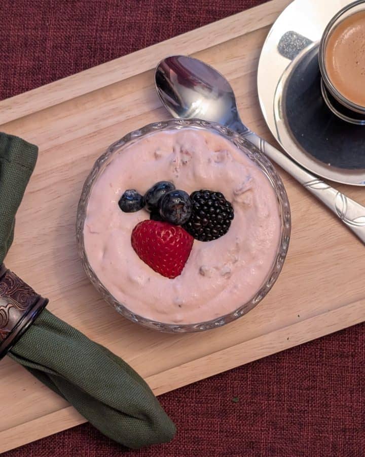 Keto Strawberry Fool plated and garnished with berries