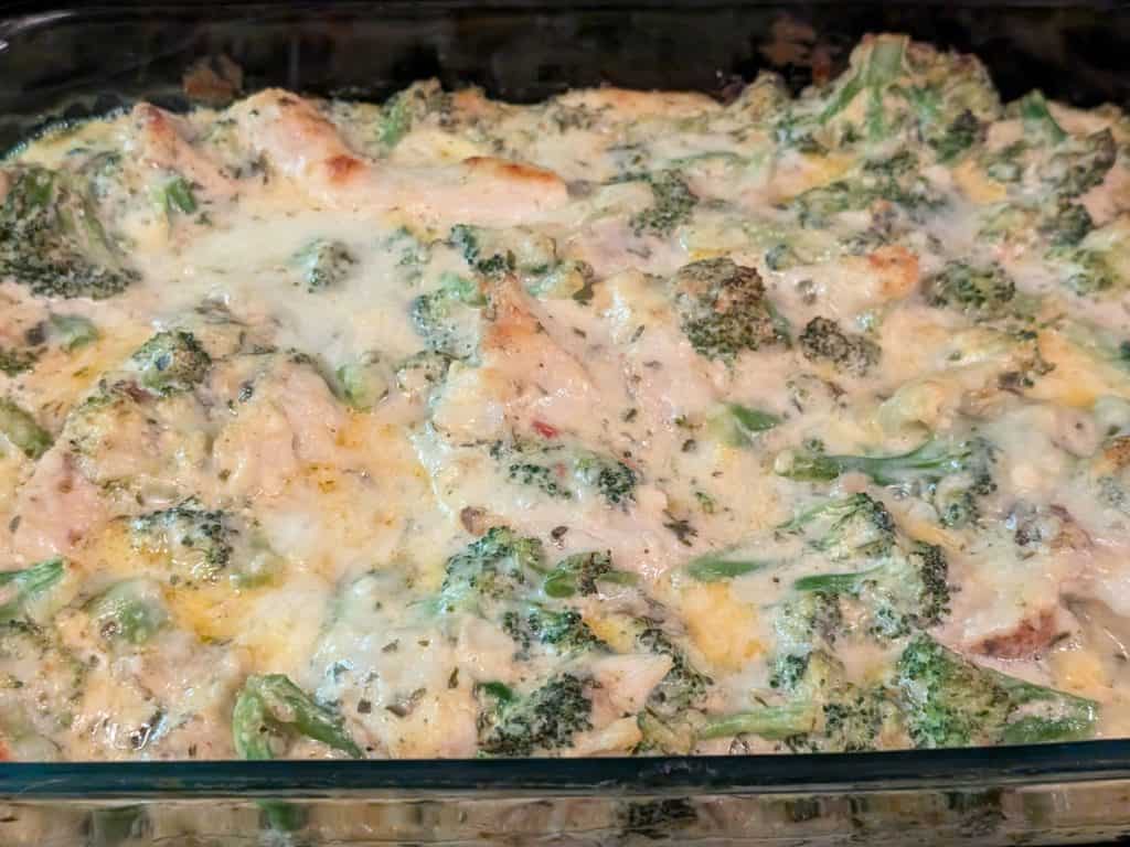 Creamy Chicken Broccoli Casserole baked in a casserole dish
