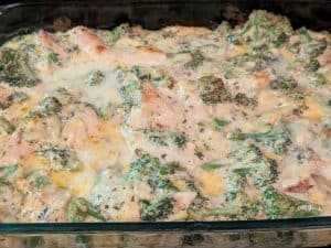 Creamy Chicken Broccoli Casserole baked in a casserole dish