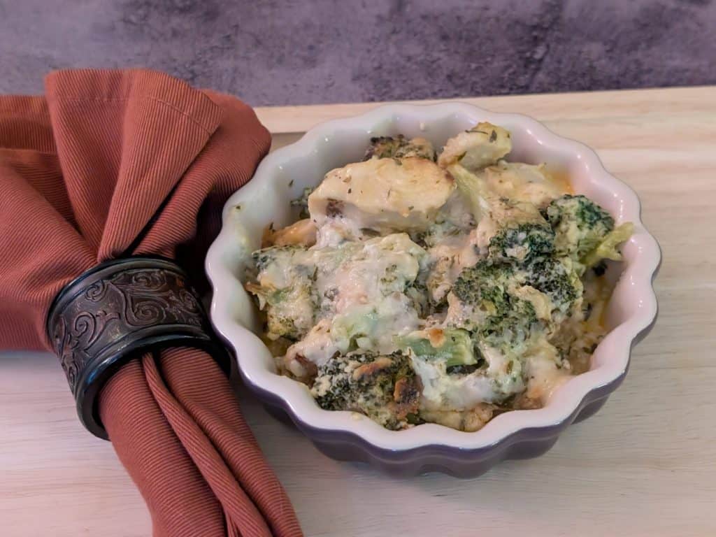 Creamy Chicken Broccoli Casserole plated close-up