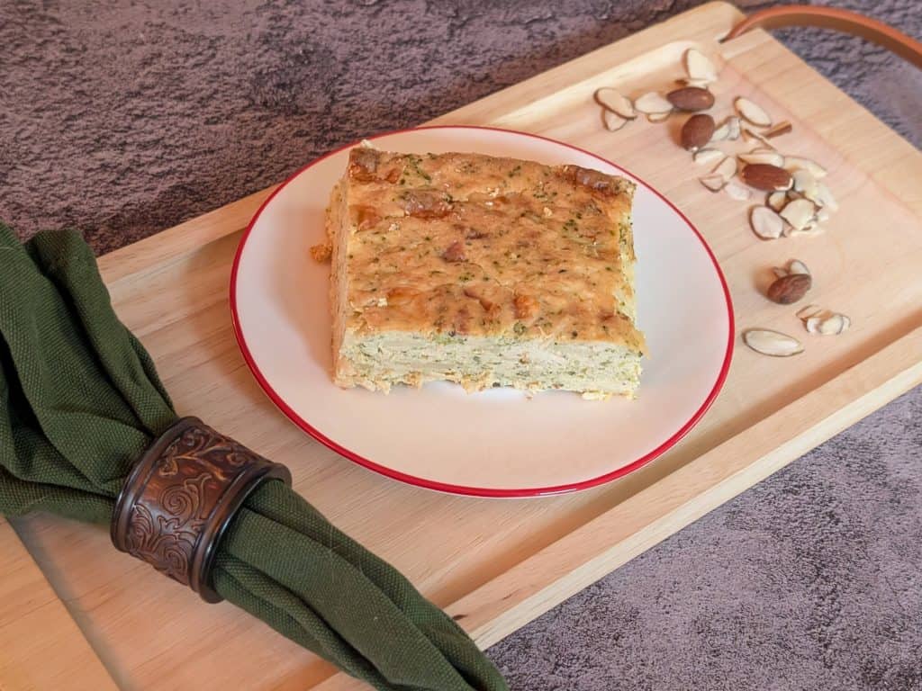 Crustless Chicken and Broccoli Quiche in a larger casserole format, plated